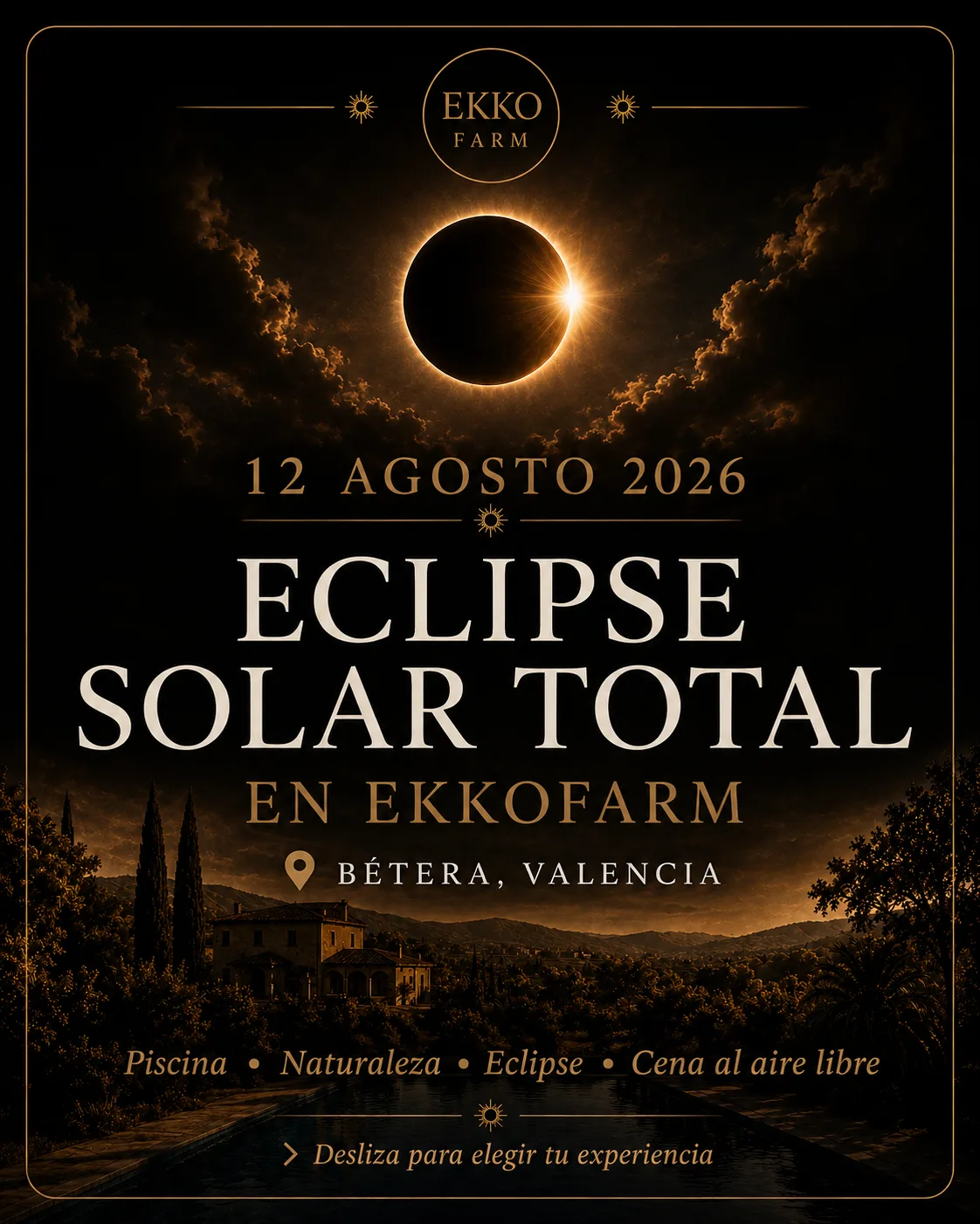 Total solar eclipse over the EkkoFarm organic farm silhouette at dusk, Bétera, Valencia