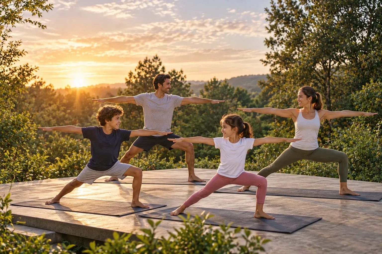 Two adults and two children holding warrior pose on mats outdoors at sunset — Family Yoga at EkkoFarm, Bétera, Valencia