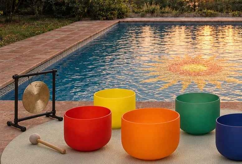 Set of coloured crystal singing bowls with gong and chimes beside the pool at EkkoFarm, Bétera, Valencia