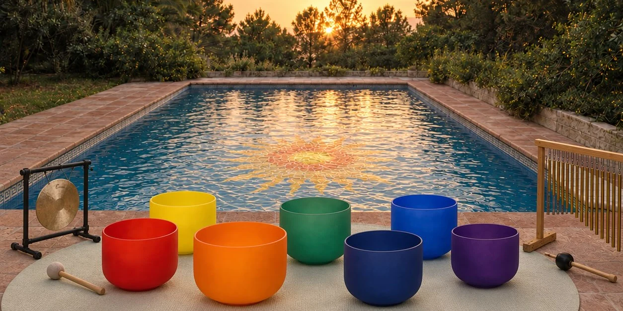 Crystal singing bowls, gong and chimes set up beside the pool at sunset at EkkoFarm, Bétera, Valencia