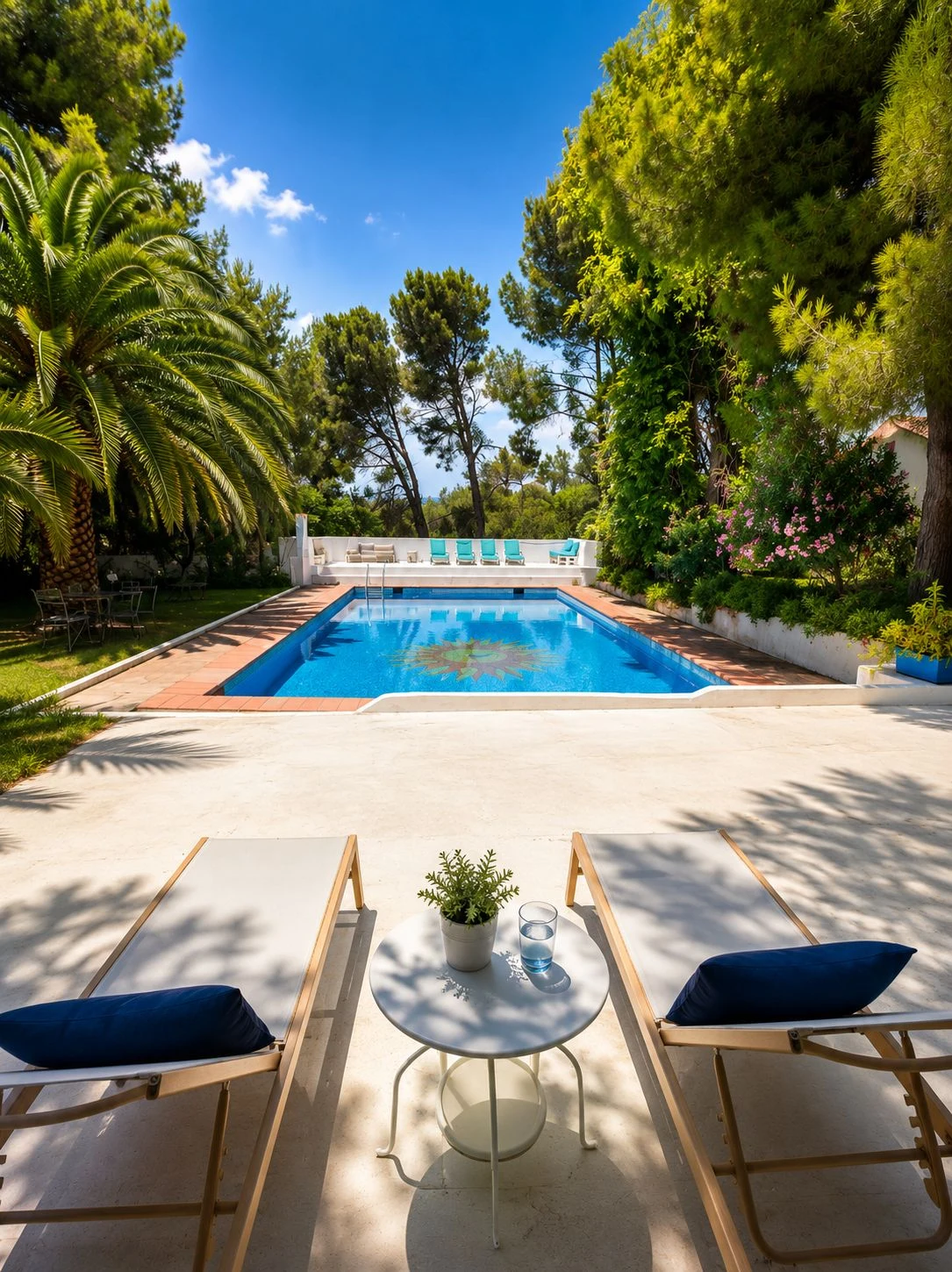 Sun-mosaic pool framed by palms and pines, where the floating sound bath takes place at EkkoFarm organic farm in Bétera, Valencia