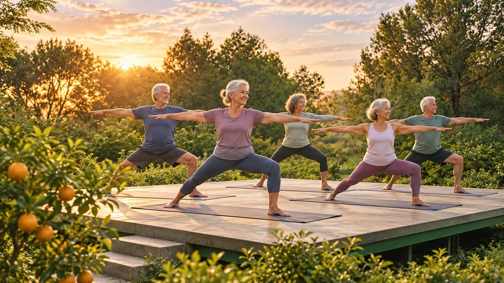 Grupo de mayores en la postura del guerrero sobre esterillas en una plataforma al aire libre, entre naranjos y pinos — Silver Yoga, yoga para mayores en EkkoFarm, Bétera, Valencia