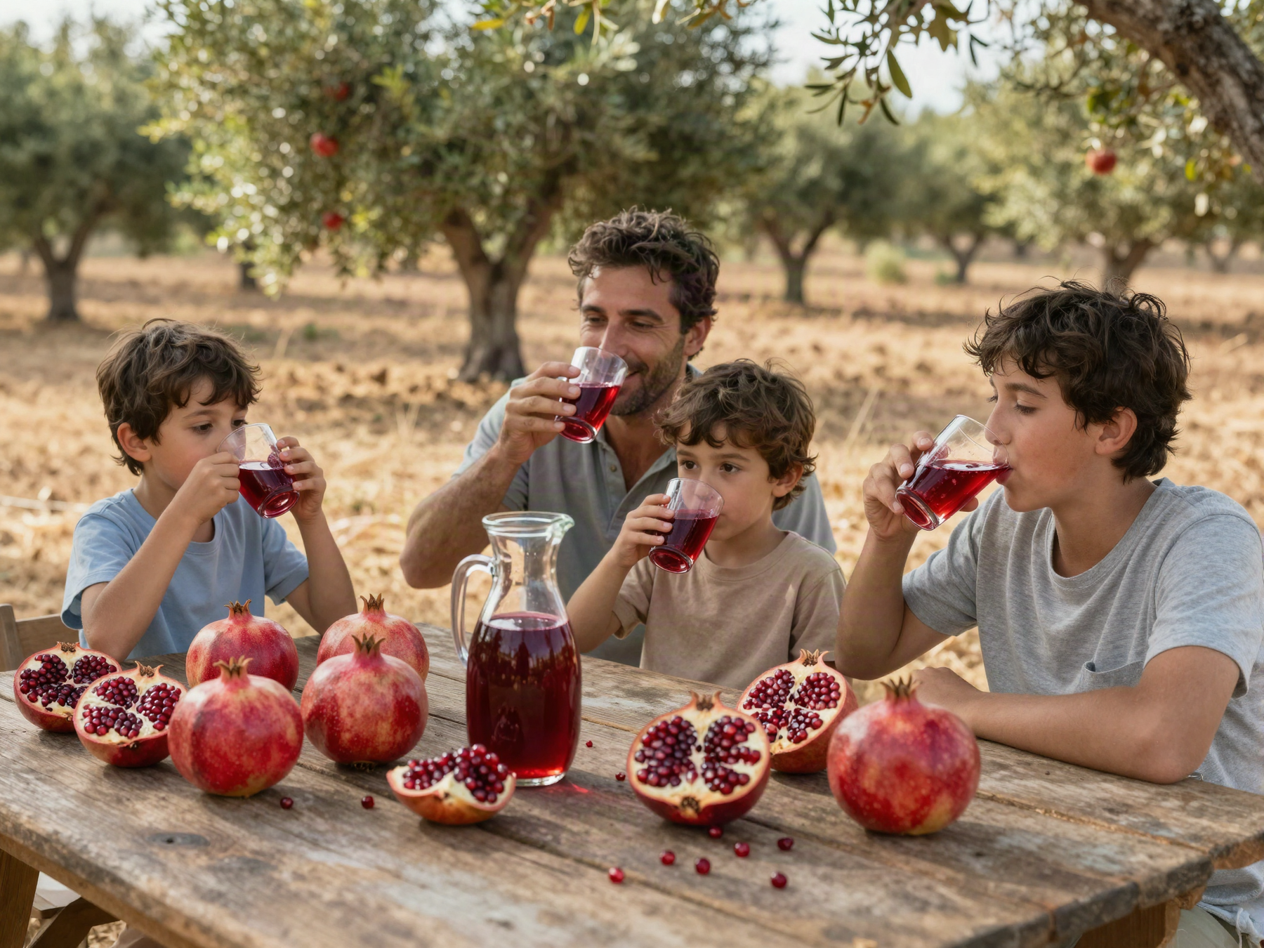 Family drinking freshly pressed pomegranate juice with whole and halved pomegranates on the table in the grove at EkkoFarm organic farm in Bétera, Valencia