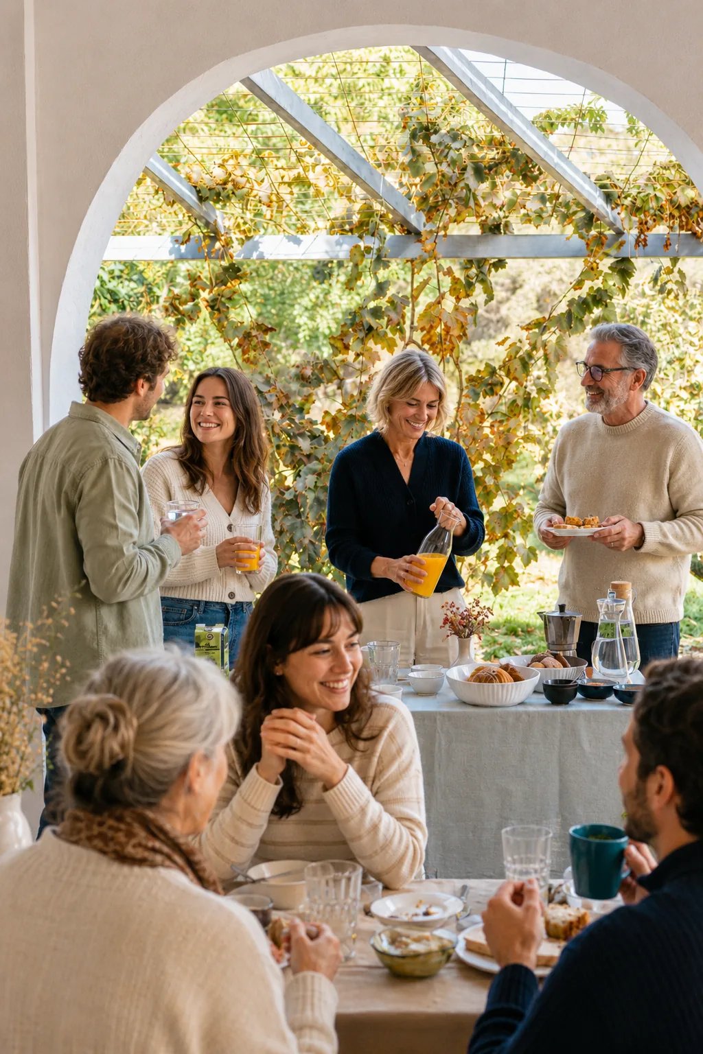 Family and friends sharing a breakfast under the vine-covered archway at EkkoFarm in Bétera, near Valencia