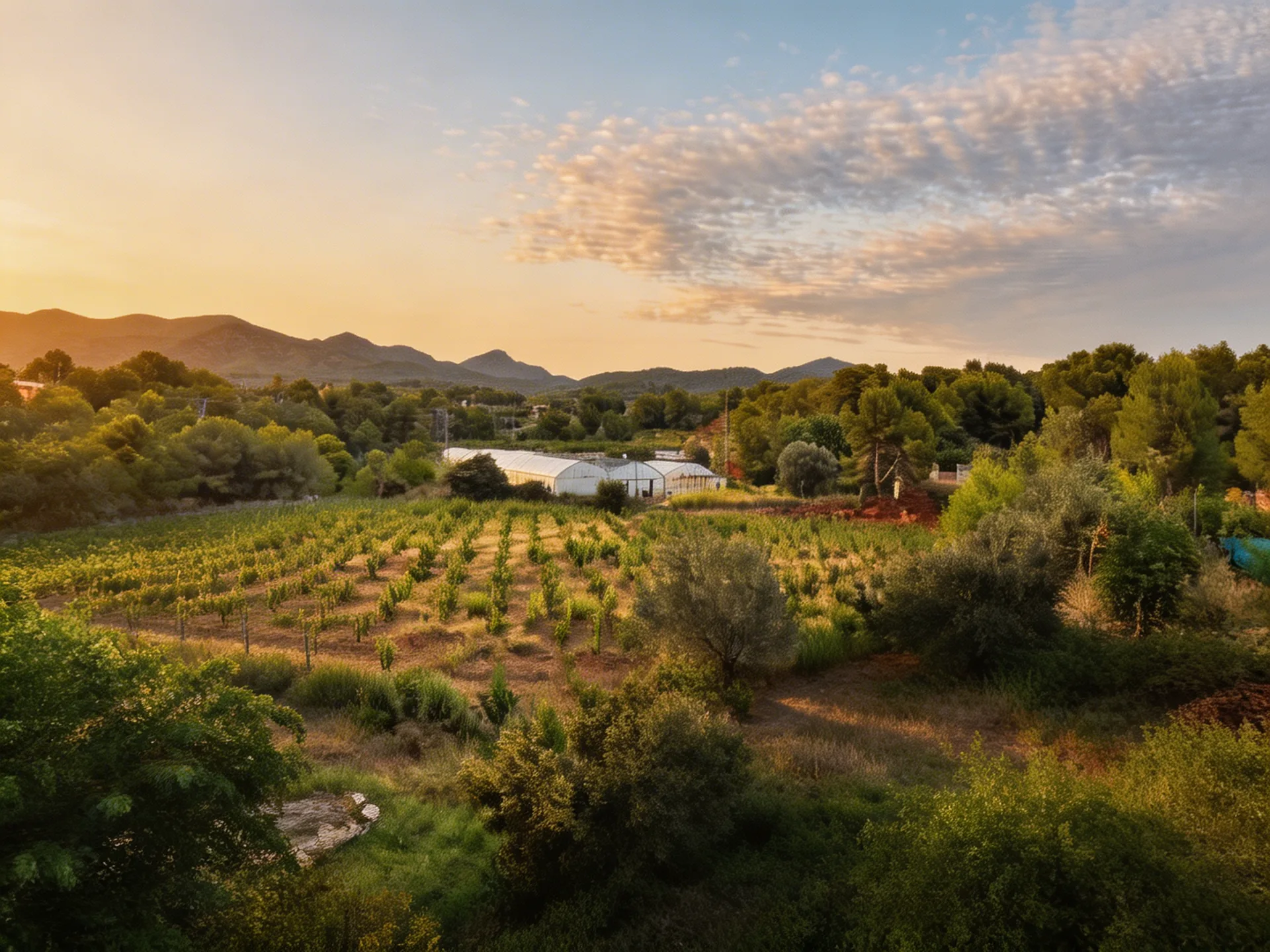 Sunset over the organic gardens and olive groves at EkkoFarm in Bétera, Valencia