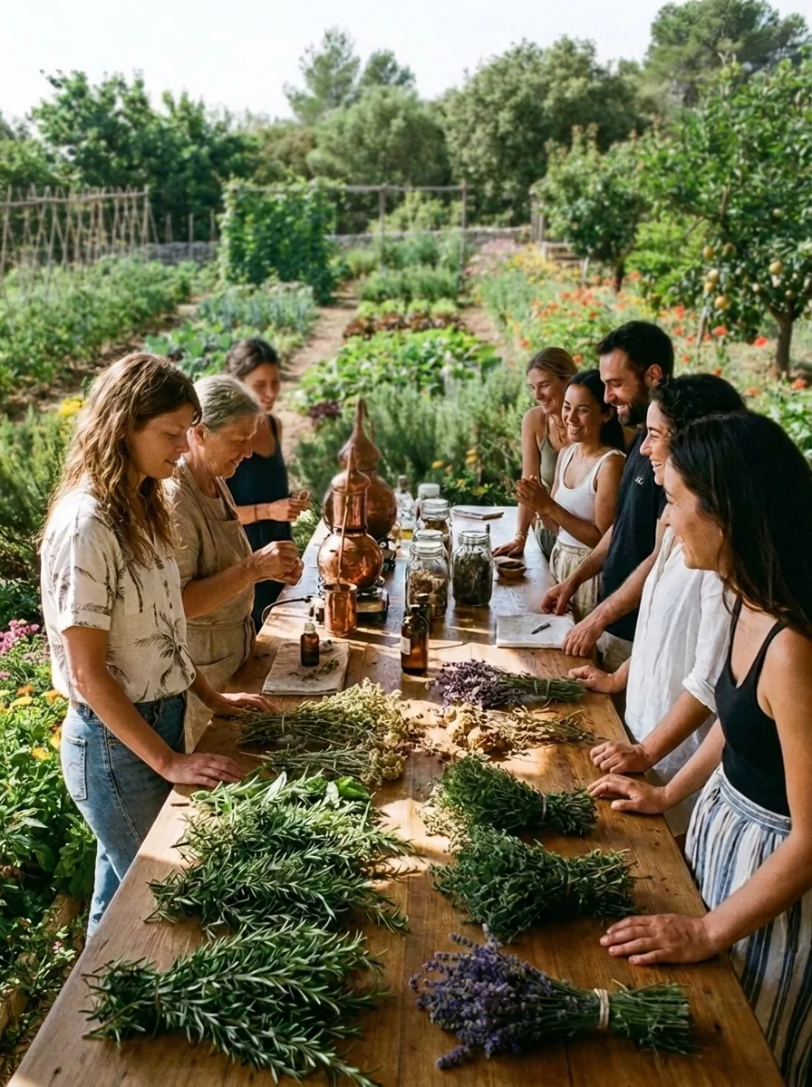 Group around long garden table with fresh herbs and copper still during a medicinal plants workshop at EkkoFarm organic farm in Bétera, Valencia
