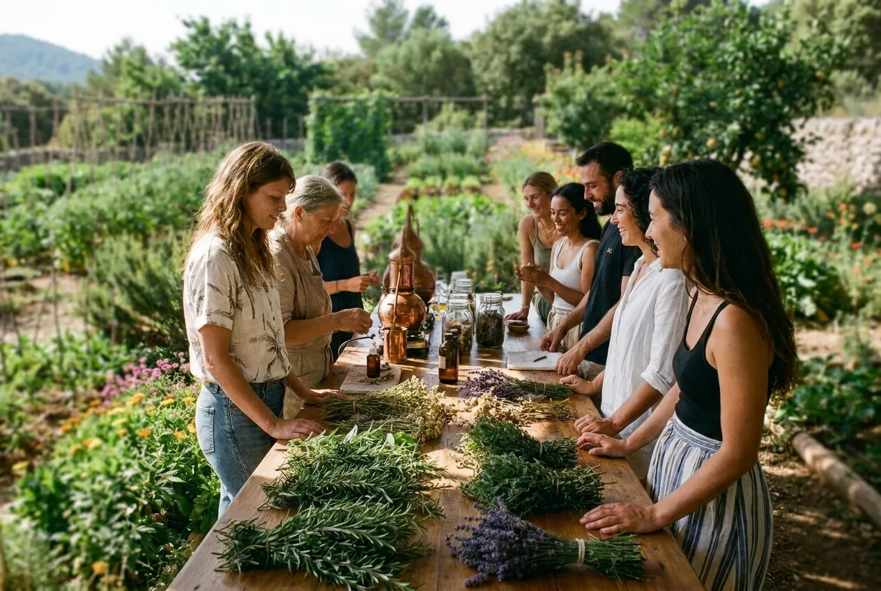 Group gathered at long garden table working with fresh herbs at EkkoFarm organic farm in Bétera, Valencia