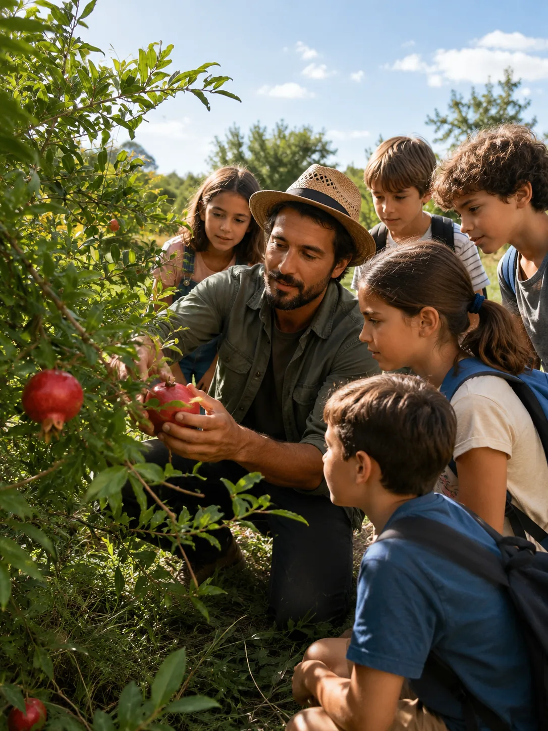 Children learning about pomegranates on an educational visit at EkkoFarm organic farm in Bétera, near Valencia
