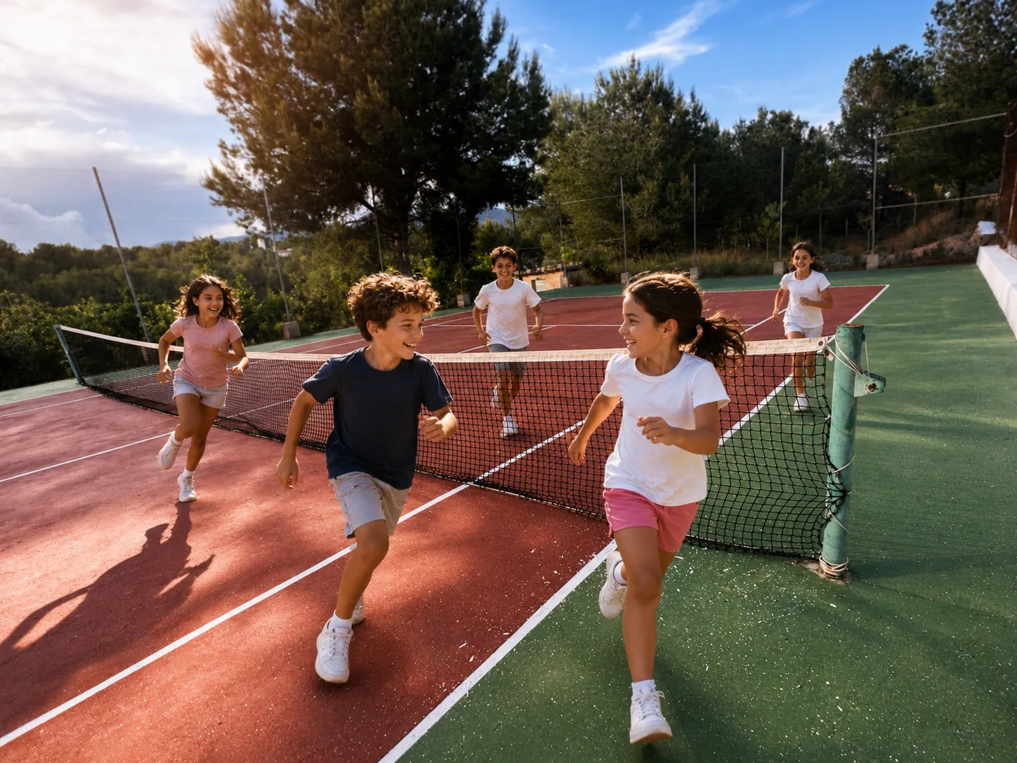 Children running across the grounds of EkkoFarm organic farm in Bétera, Valencia