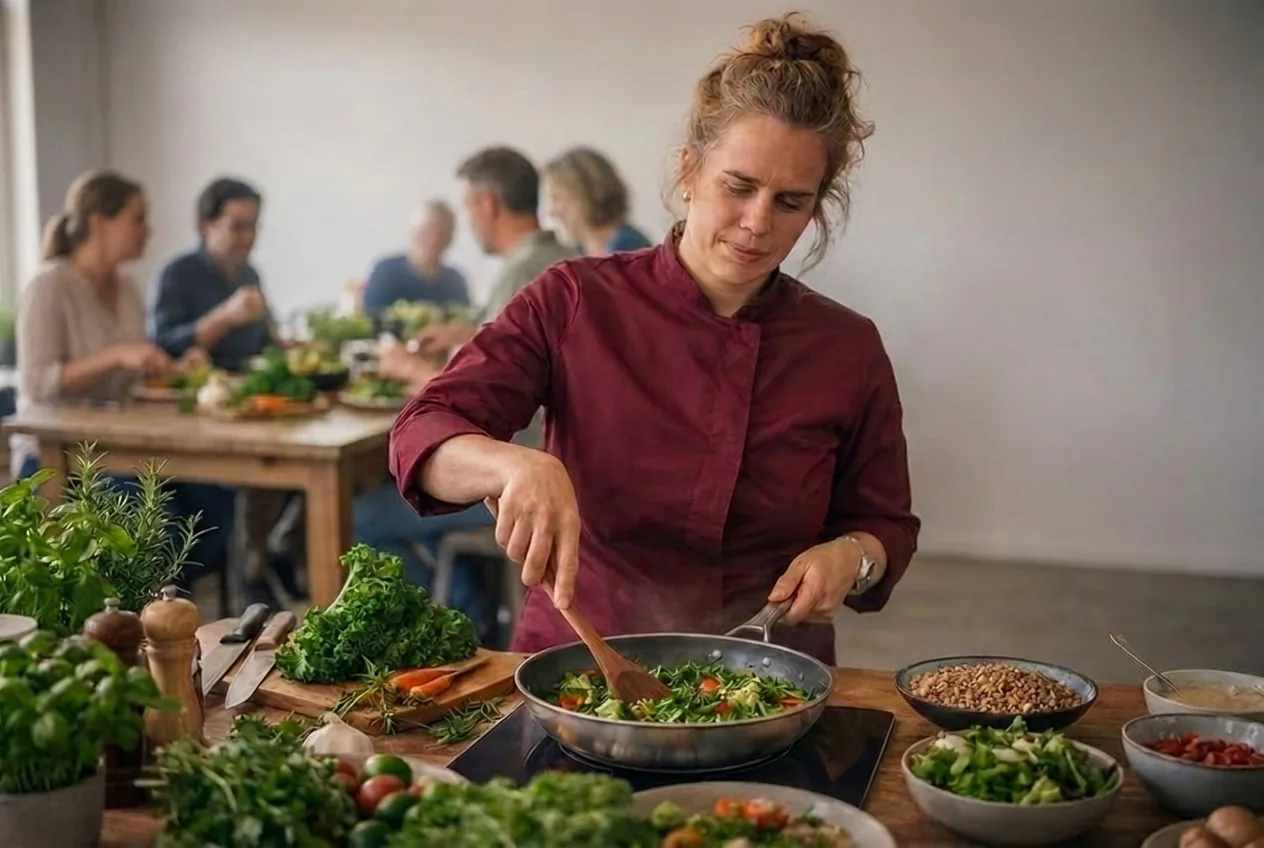 Chef cooking fresh seasonal vegetables in front of guests during a show cooking experience at EkkoFarm organic farm in Bétera, Valencia