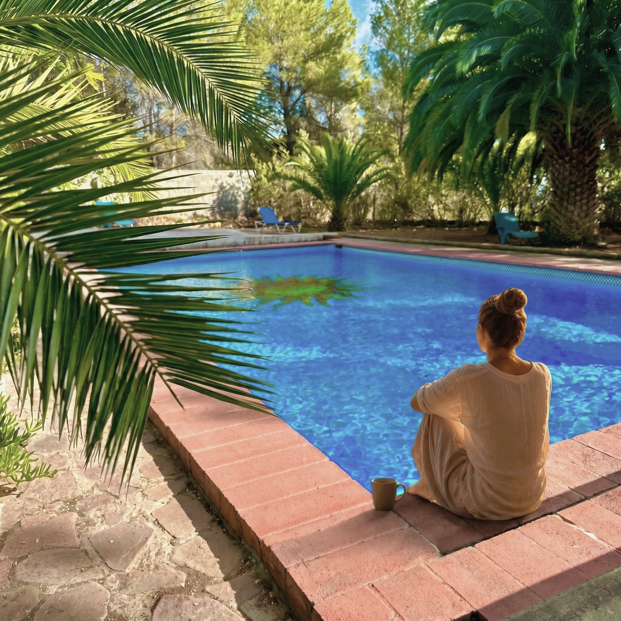Woman sitting by the pool surrounded by palm trees during the Nature Reset Day at EkkoFarm, Bétera, Valencia