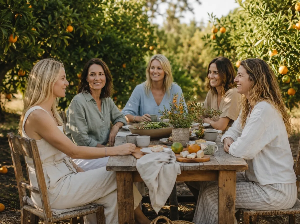 Group of women gathered around a wooden table among the orange trees during the Nature Reset Day at EkkoFarm, Bétera, Valencia
